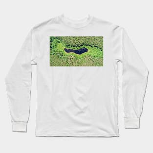 Aerial view of lake hidden in pine forest Long Sleeve T-Shirt